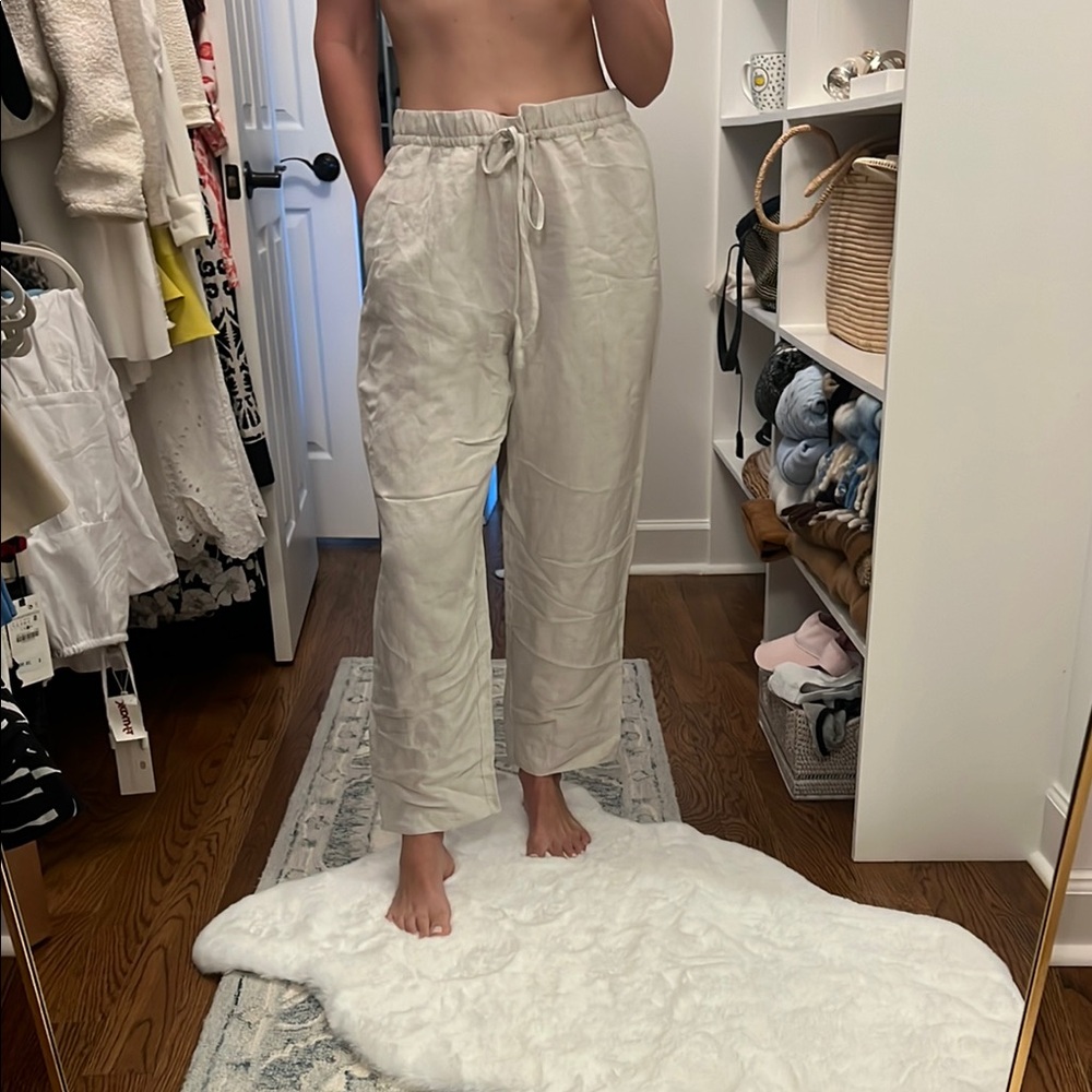 H&M Light Beige Drawstring Linen-Blend Wide Leg Pants